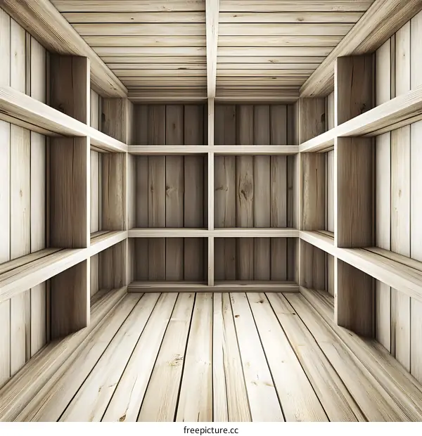 Empty Wooden Room With Shelves
