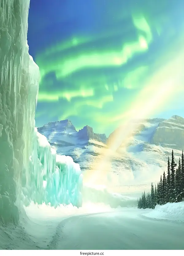 Aurora Borealis Over Mountain Range in Winter