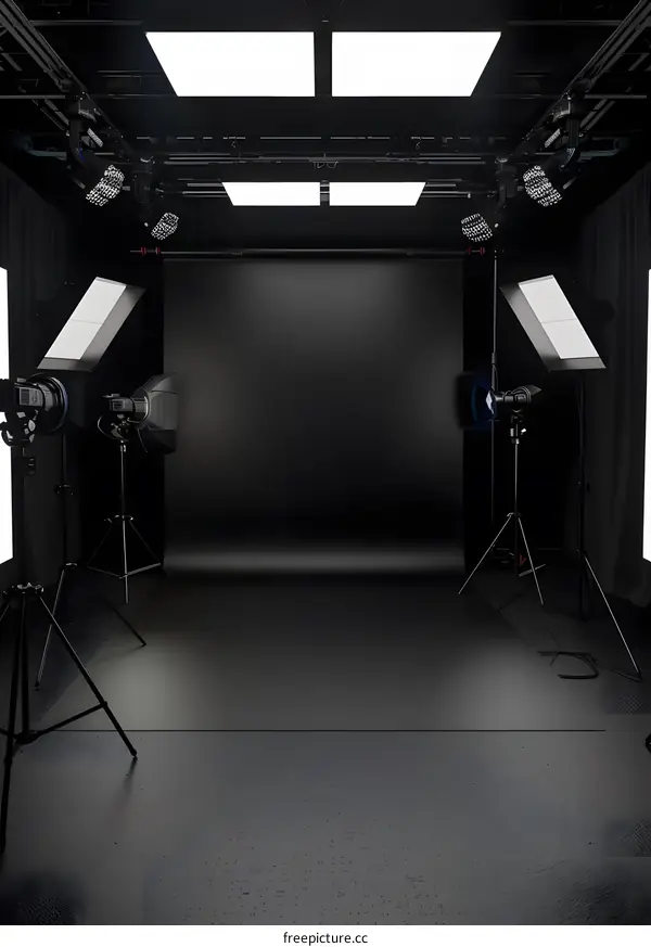 Empty Black Photography Studio with Lights