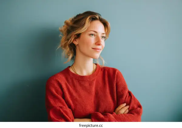 Woman in a Red Sweater against a Teal Wall