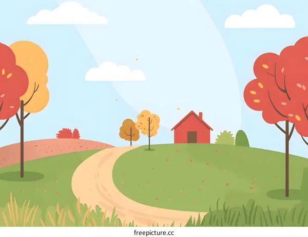 Autumn Landscape with Red House and Winding Path