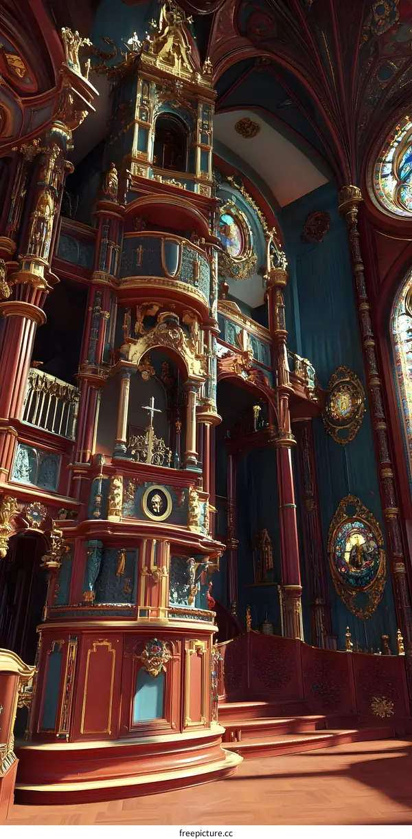 Ornate Pulpit with Gold Accents in a Cathedral Interior
