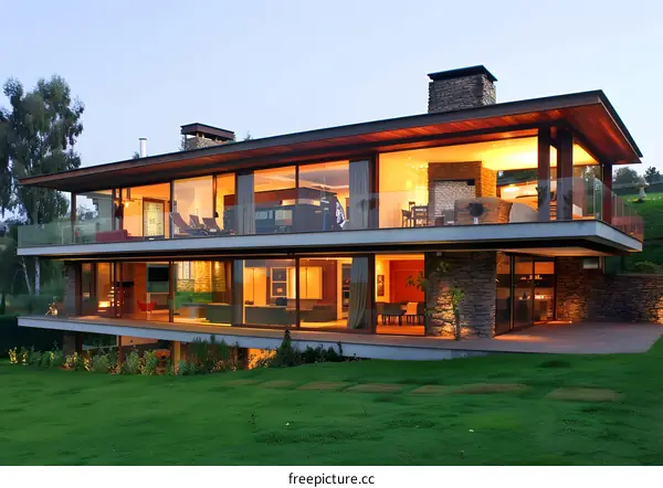 Modern House with Large Windows and Stone Facade