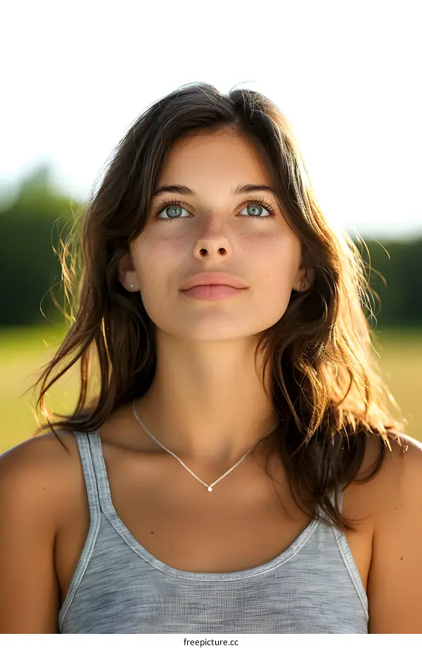 portrait of a young woman looking up at the sky