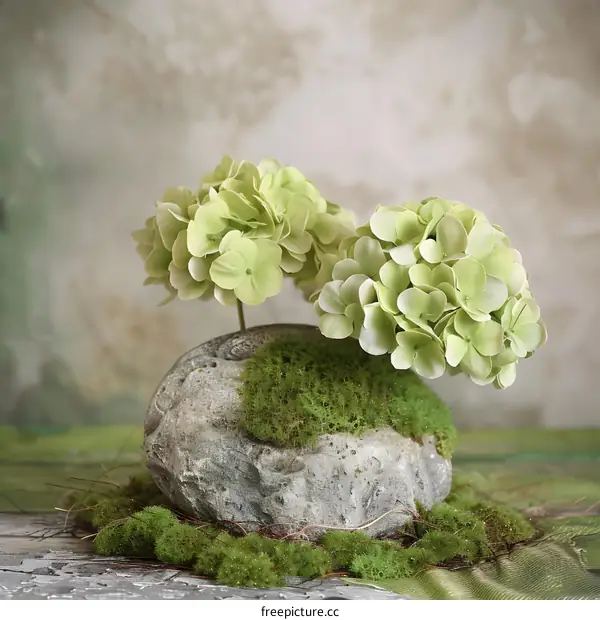 Green Hydrangea Flowers in Stone Pot with Moss