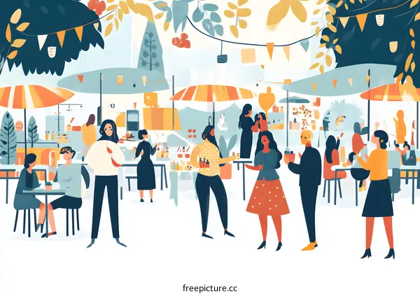Colorful Illustration of People Shopping at a Summer Market