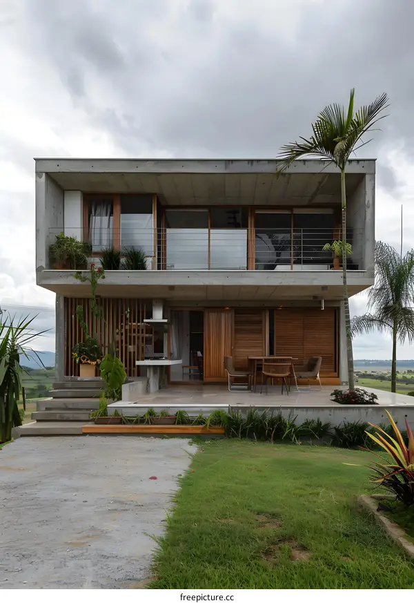 Modern Concrete House With Wooden Accents And Palm Trees
