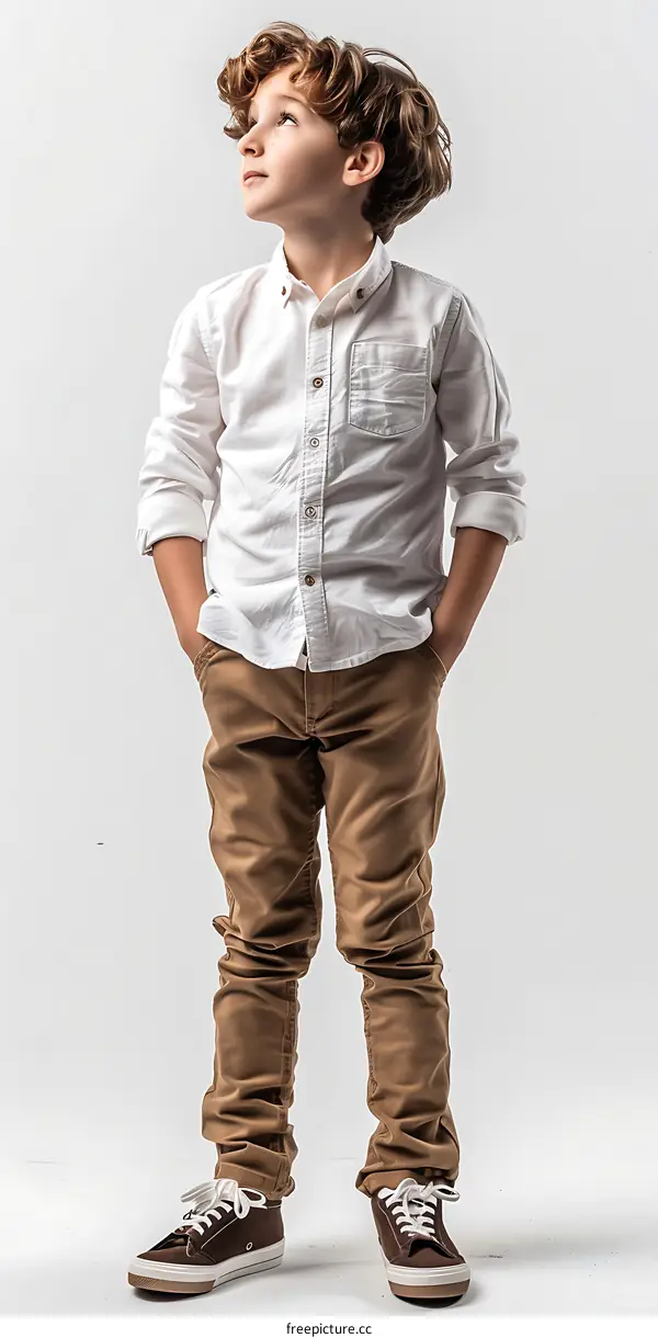 Young Boy Standing Looking Up In White Shirt