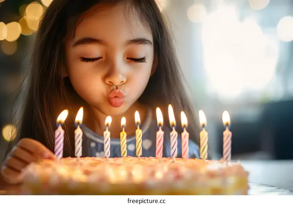 Little Girl Blowing Out Candles on Birthday Cake