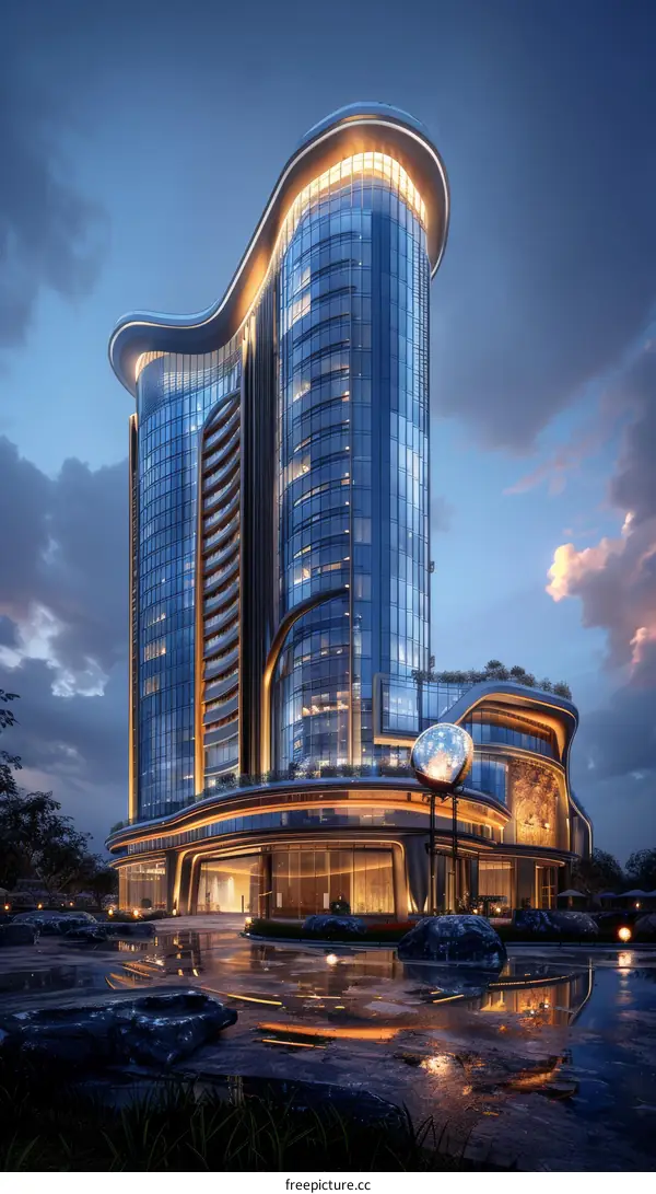 Modern Architectural Design of a Skyscraper Building at Dusk