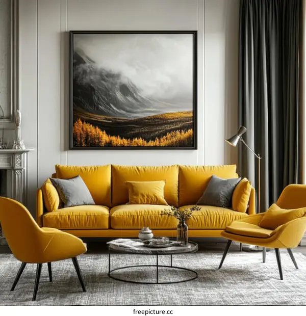 Modern Living Room Interior Design with Yellow Sofa