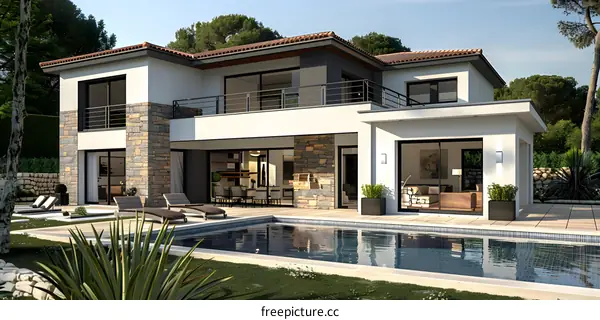 Modern White House with Swimming Pool and Backyard