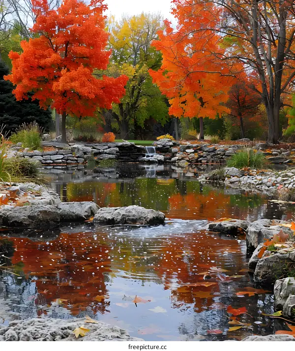 Colorful autumn trees and a creek flowing through a rocky landscape