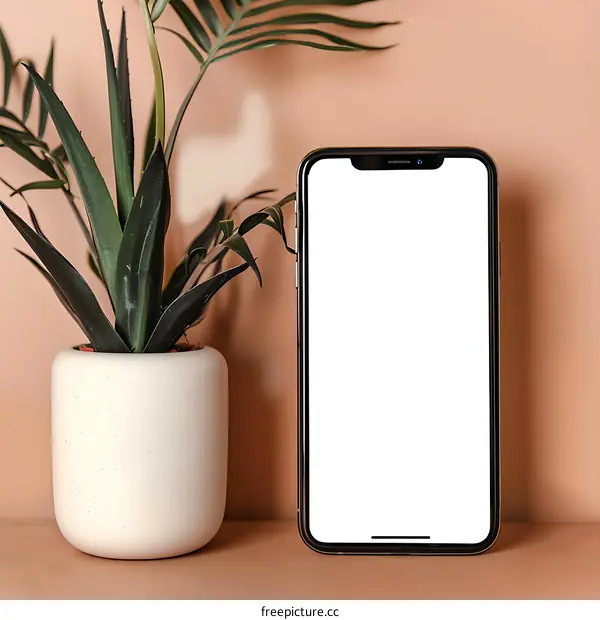 White Potted Plant Beside Smartphone with Blank Screen