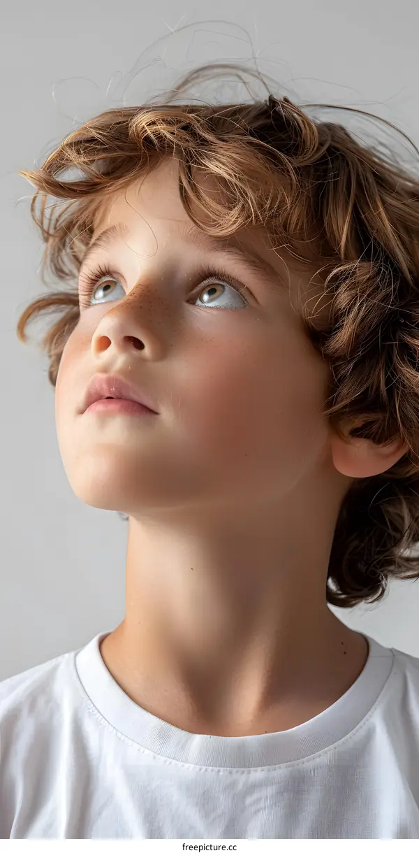Portrait of a boy with curly hair looking up