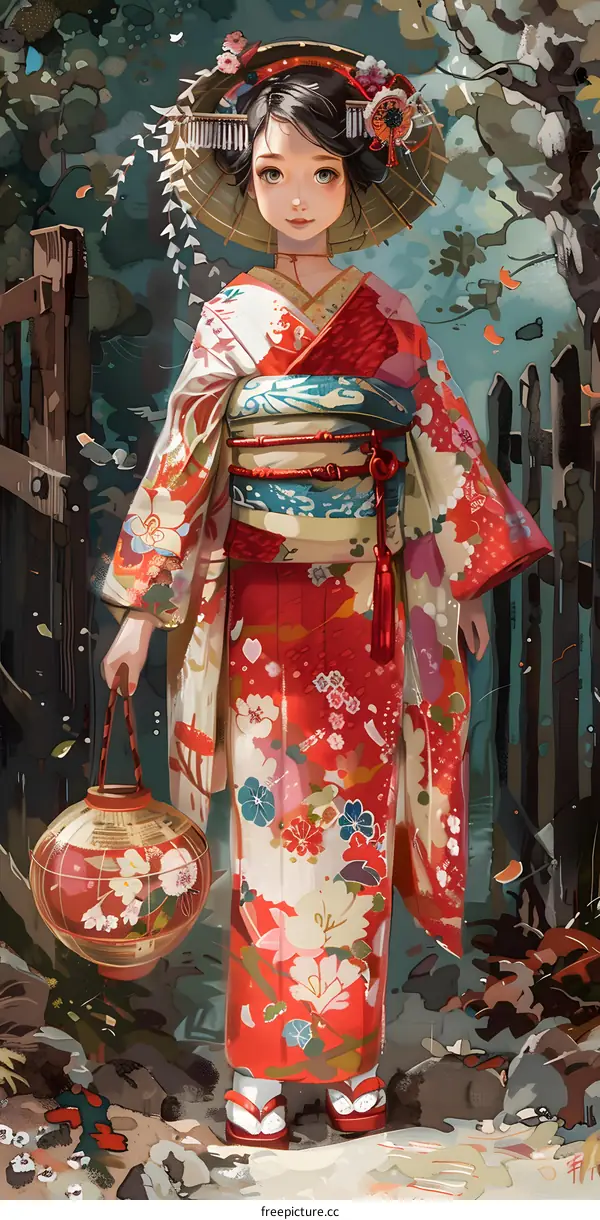 An illustration of a beautiful woman in a red kimono holding a lantern