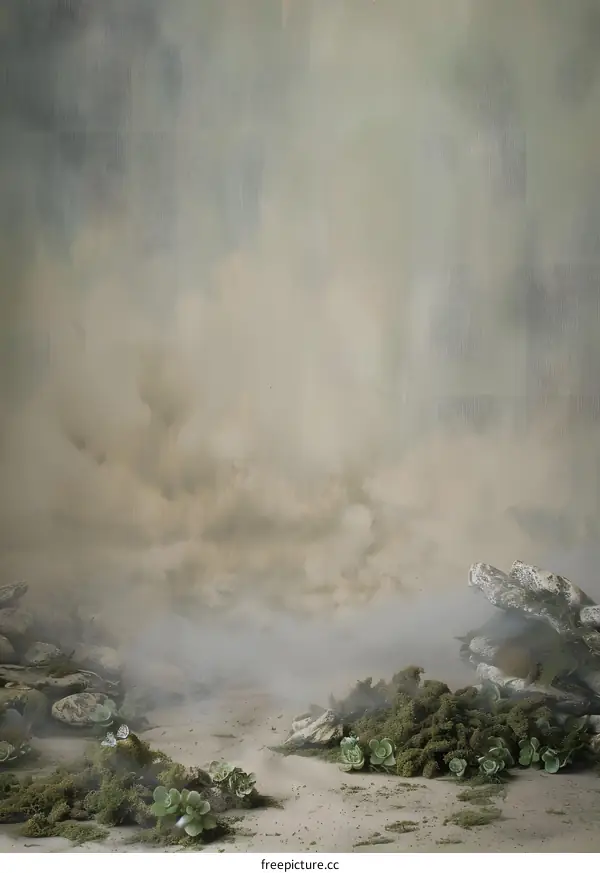 Abstract Green and Brown Foggy Background with Rocks and Plants