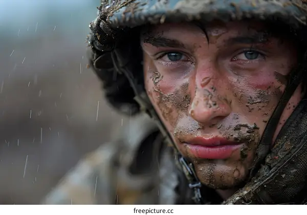 Close Up Portrait of Soldier Covered in Mud and Rain