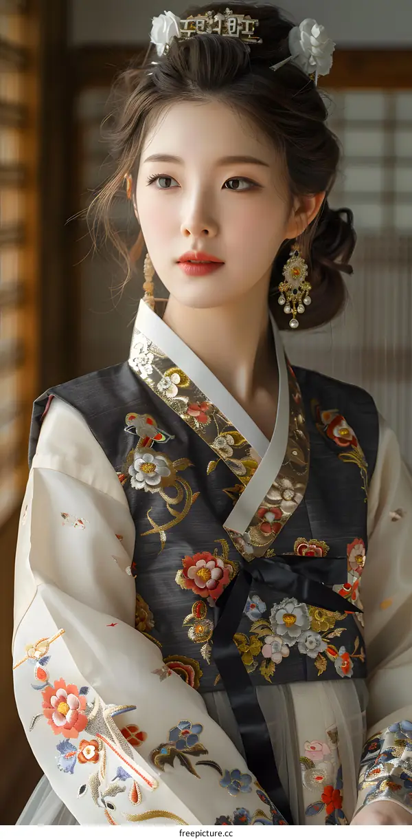 Portrait of a young woman in traditional Korean dress, or Hanbok
