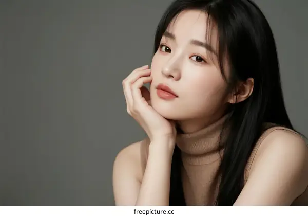 A Young Woman with Long Black Hair Leaning Her Hand on Her Cheek