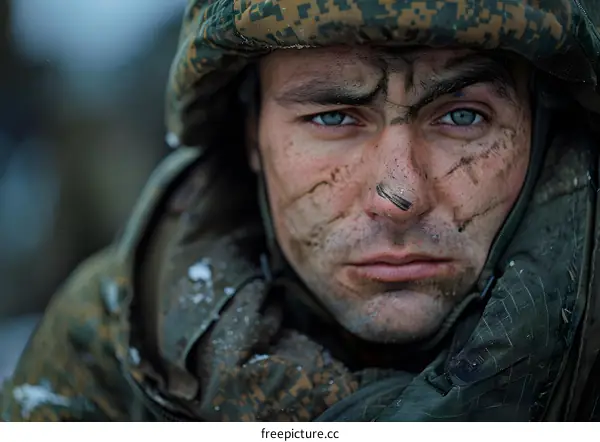 Portrait of a soldier with dirt on his face