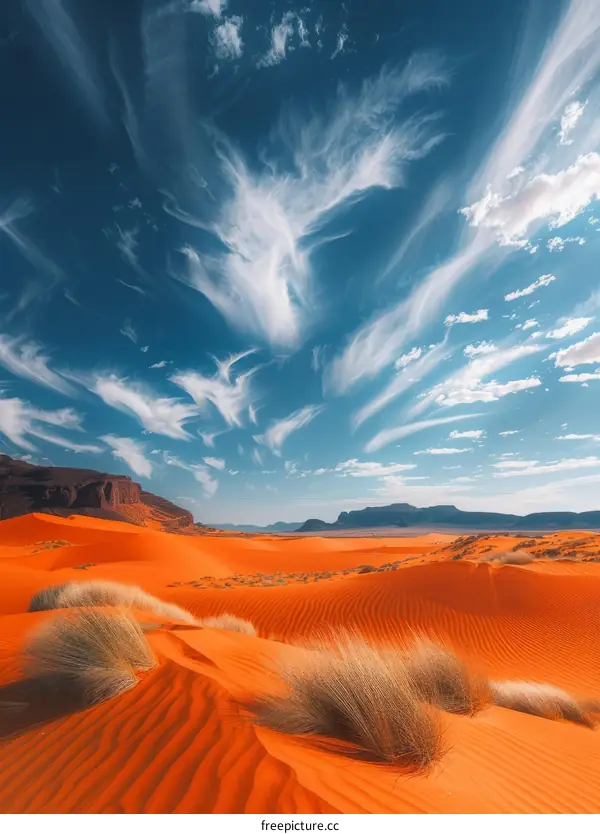 A vast expanse of red sand dunes under a blue sky with white clouds