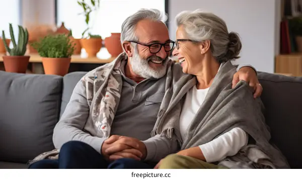 A happy elderly couple sitting on a couch and smiling at each other