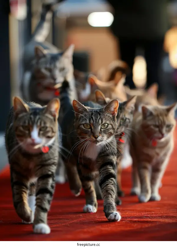 A group of cats walking down a red carpet