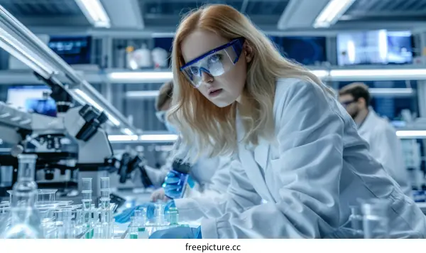 Female scientist wearing protective eyewear working in a laboratory