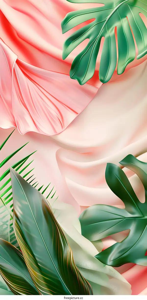 Tropical Leaves Green Pink Background