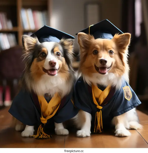 Two Corgis in Graduation Caps and Gowns