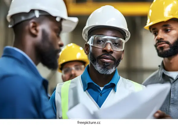 Three Construction Workers Looking At Plans In A Warehouse