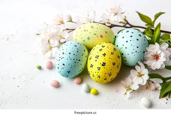 Colorful Easter Eggs with Spring Blossoms