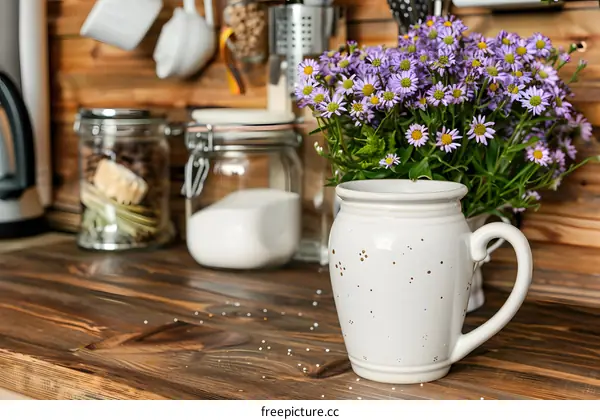 White Ceramic Mug with Purple Flowers on Wooden Table
