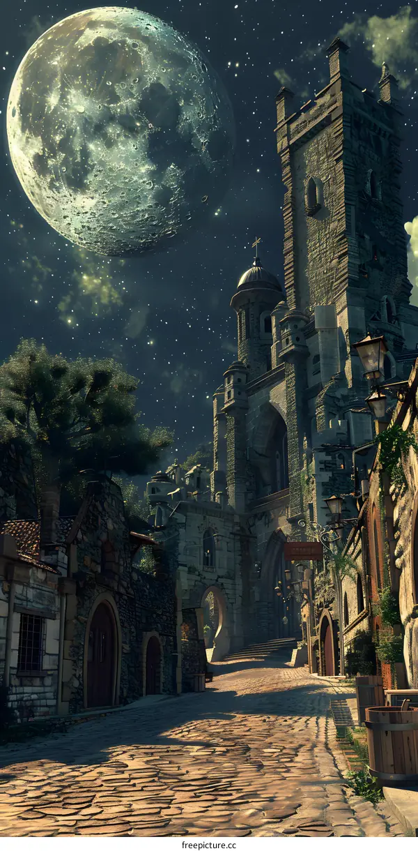 Nighttime View of a Fantasy Town with a Large Moon in the Sky
