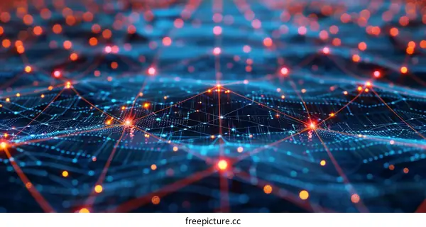 Abstract landscape with glowing orange dots and blue grid