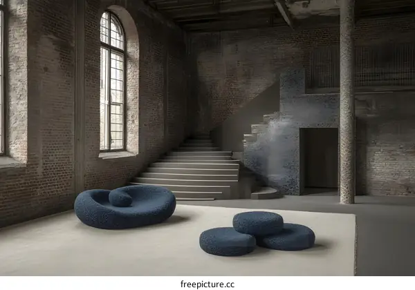 Modern Blue Plush Sofa in Industrial Brick Loft Interior