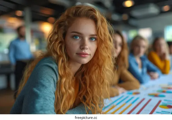 Portrait of a young woman with long red hair and blue eyes, wearing a blue sweater.