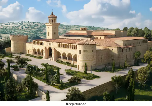 Aerial View of a Medieval Castle with a Garden