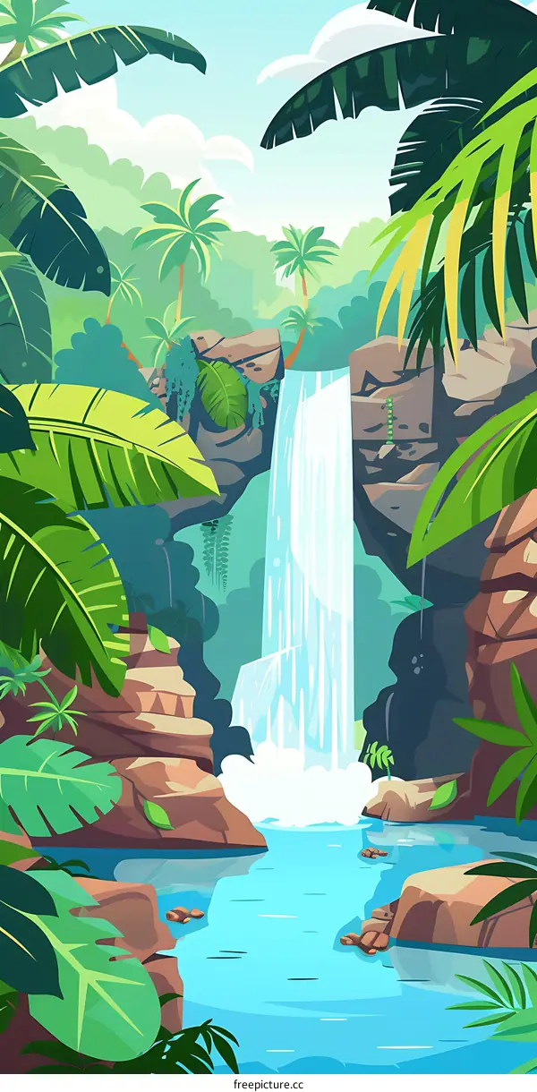 Tropical Waterfall in Jungle Landscape