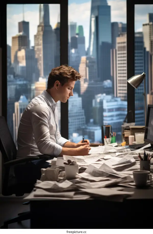 Young man working late in his office overlooking the city