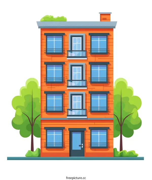 Orange Brick Building Illustration with Green Trees