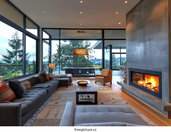 Modern Living Room With Fireplace and Expansive Windows
