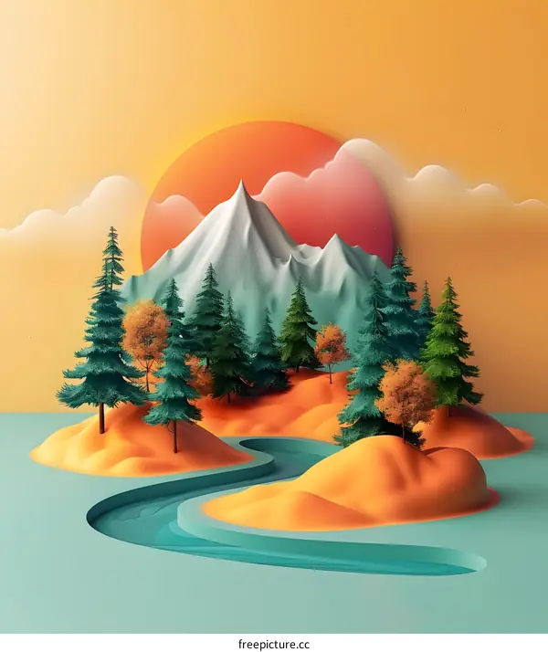 3D illustration of a mountain landscape with a river running through it