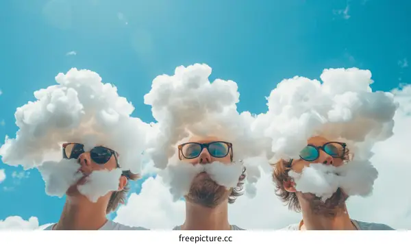Three men with cotton clouds on their heads