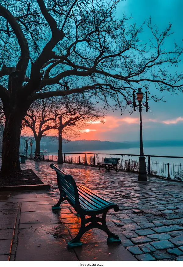 Park Bench Facing Sunset Over Water