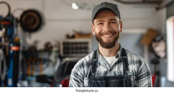 portrait of a smiling bearded man wearing a cap and apron in a workshop