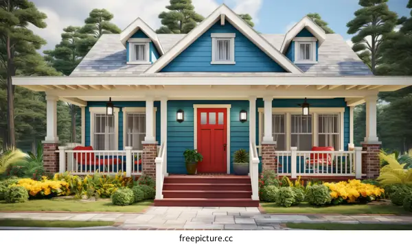 Small blue house with red door