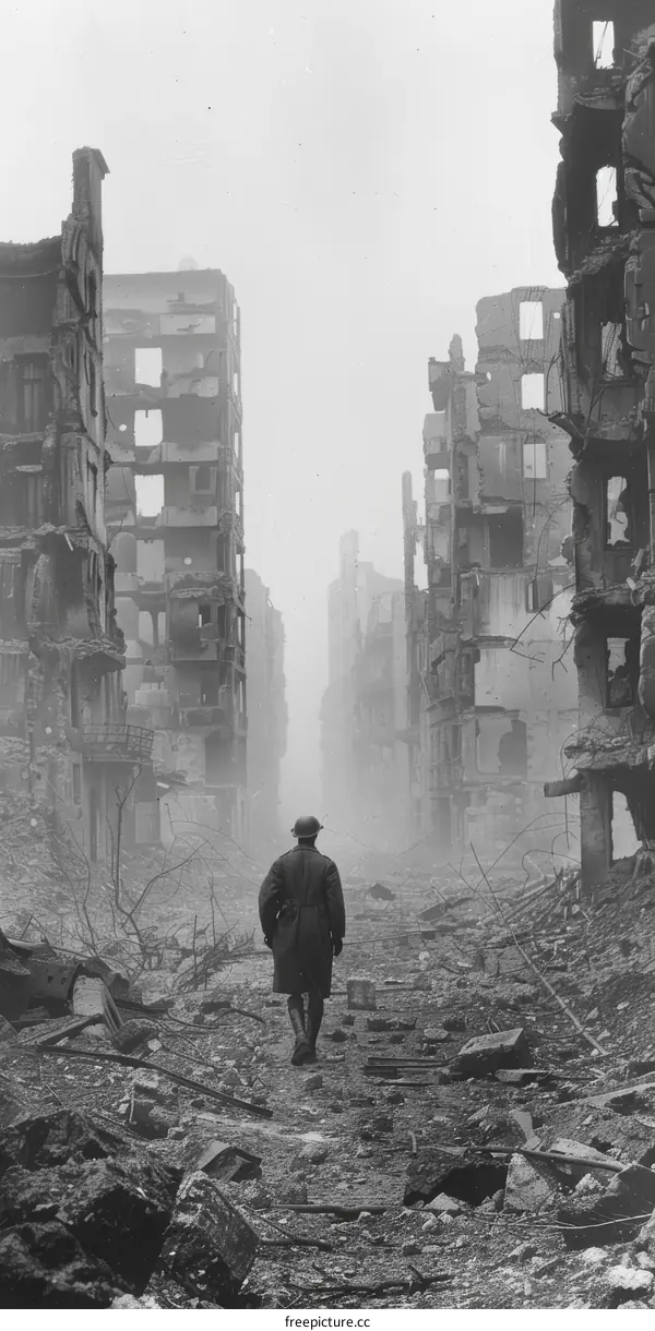 A soldier walking through a destroyed city