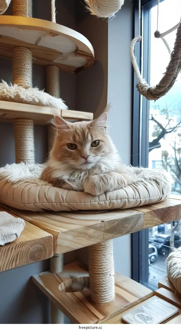 Ginger Cat Perched on a Cat Tree Gazing Out the Window